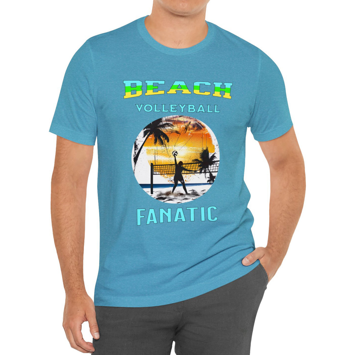 Aqua Beach Volleyball Fanatic men's t-shirt on model