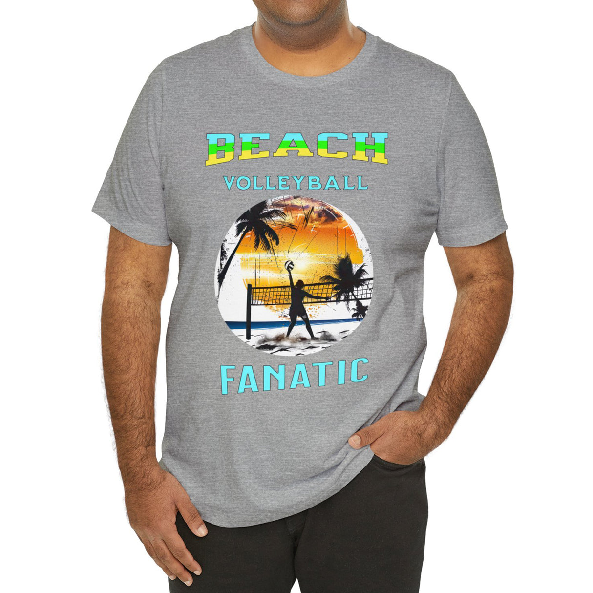 Athletic heather Beach Volleyball Fanatic men's t-shirt on model