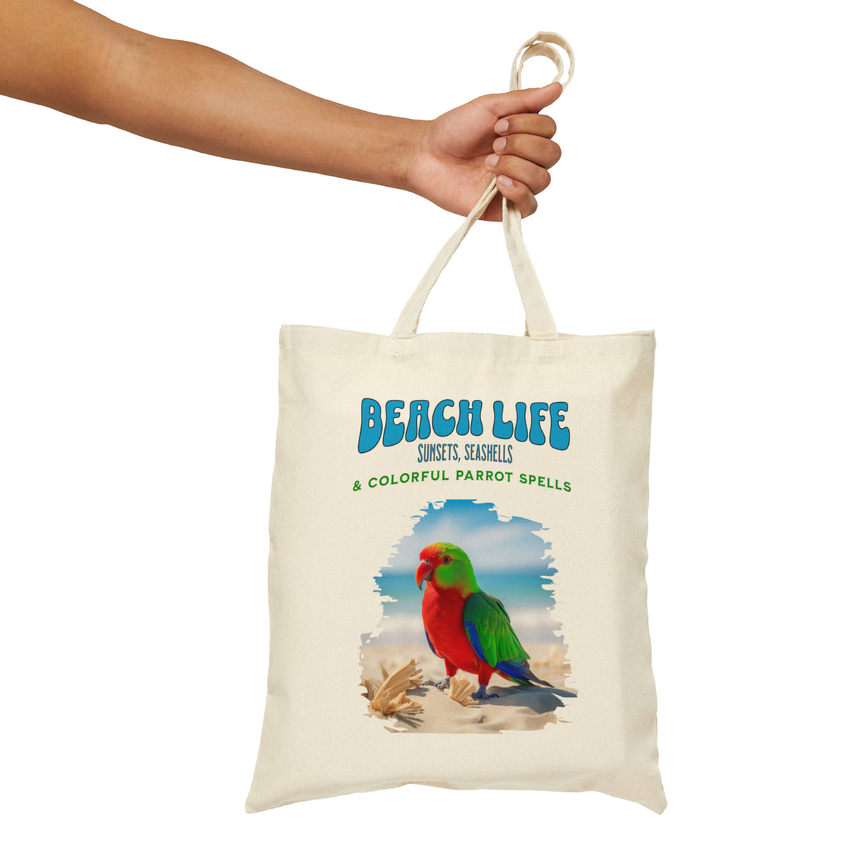 Beach Life Parrot Spells tote bag hanging