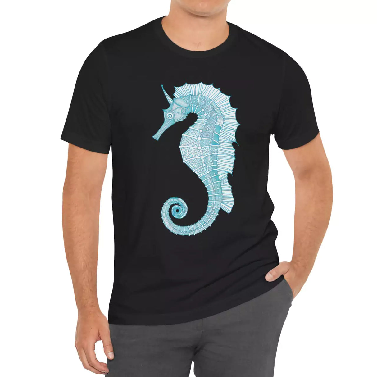 Male model wearing Intricate Seahorse t-shirt