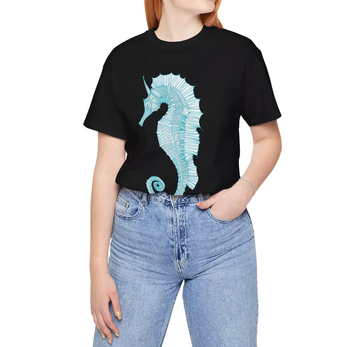 Model tucking in Intricate Seahorse t-shirt