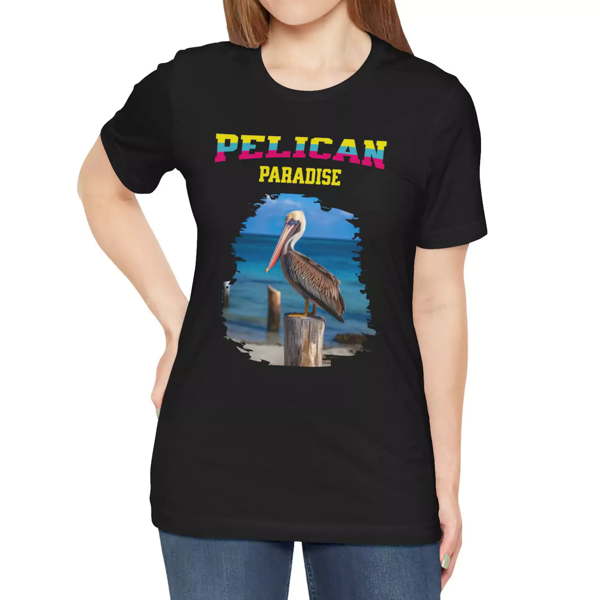 Model wearing Pelican Paradise t-shirt in black