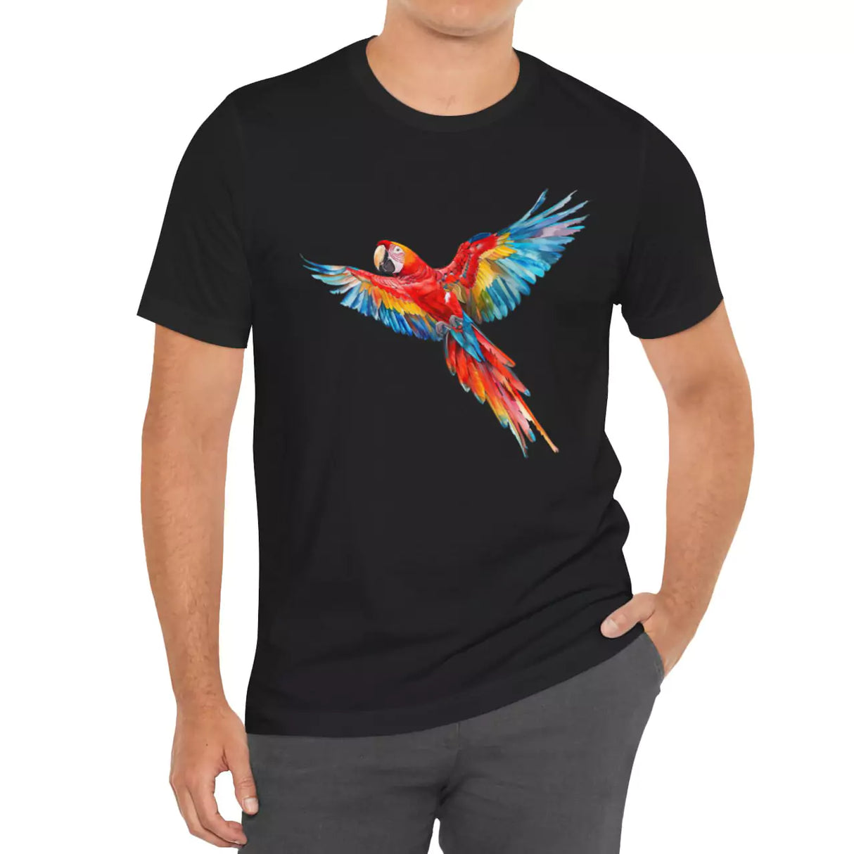 Male model wearing Scarlet Macaw Parrot t-shirt