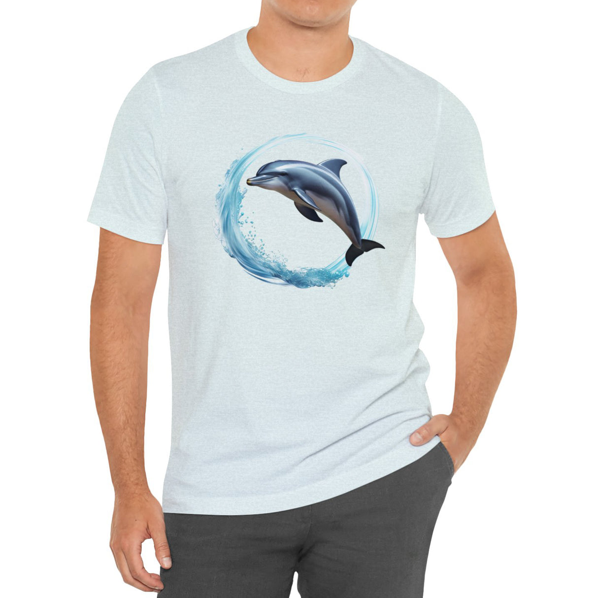Coastal Joy Dolphin t-shirt model in ice blue