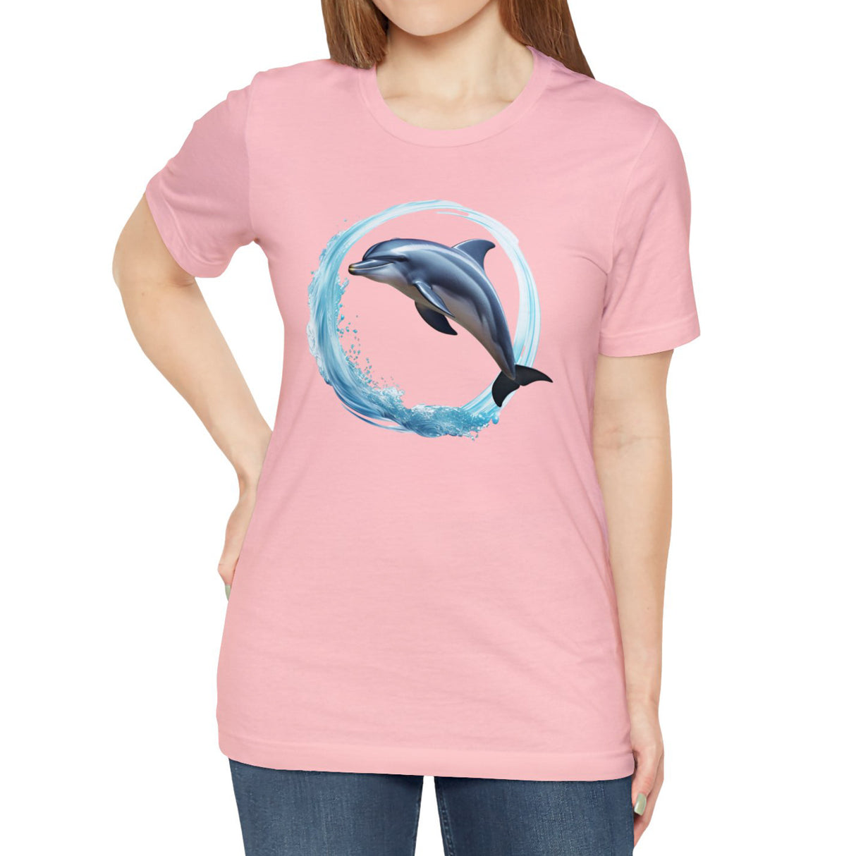 Coastal Joy Dolphin t-shirt model in pink