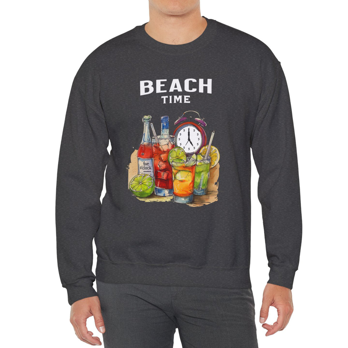 Dark heather Beach Time Always sweatshirt on model
