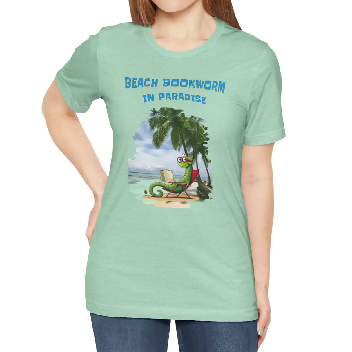 Model wearing heather mint Beach Bookworm t-shirt