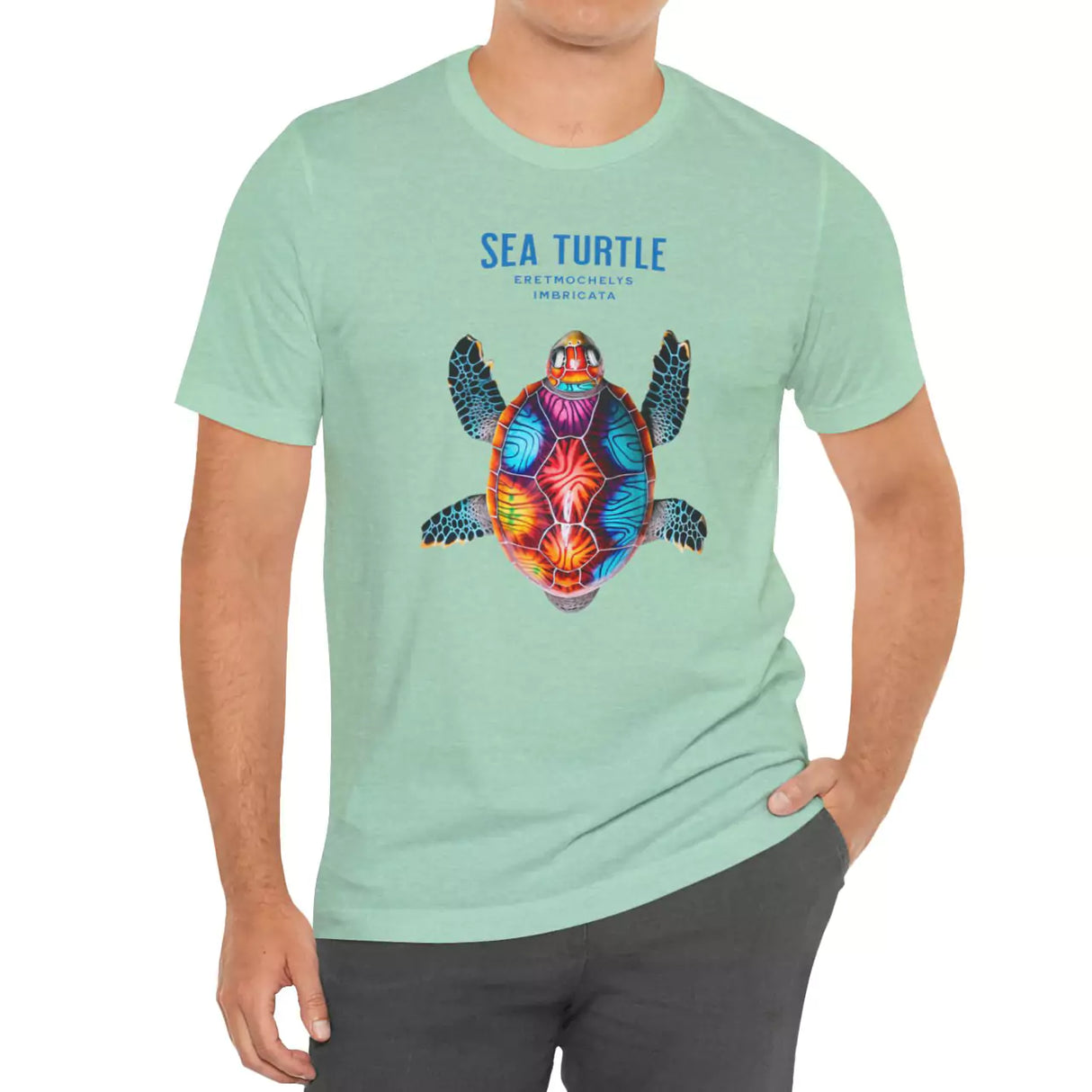 Male model wearing Colorful Sea Turtle t-shirt