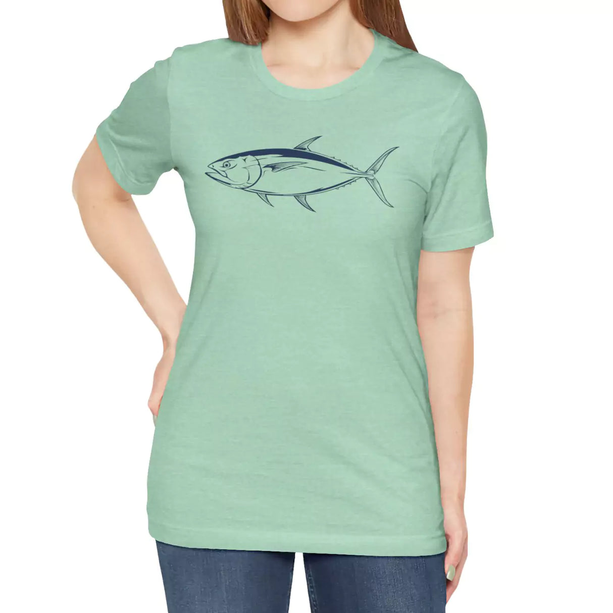 Female model wearing Majestic Yellowfin Tuna t-shirt