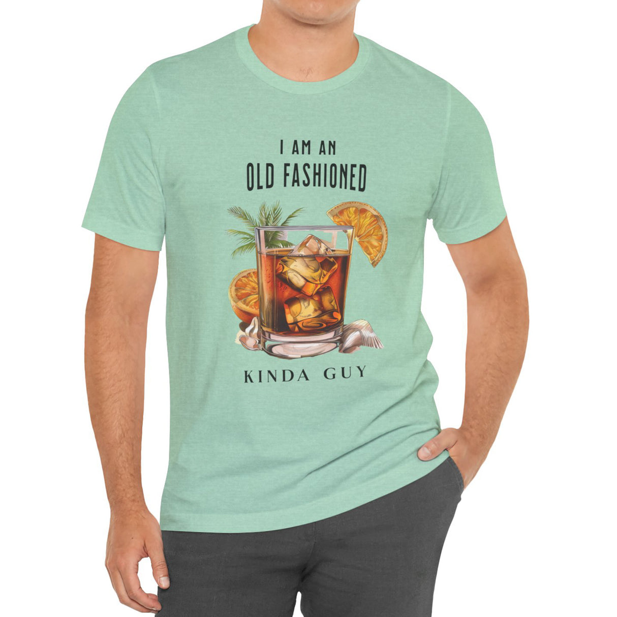 Male modeal wearing beach cocktail graphic heather mint tee with tropical drink illustration
