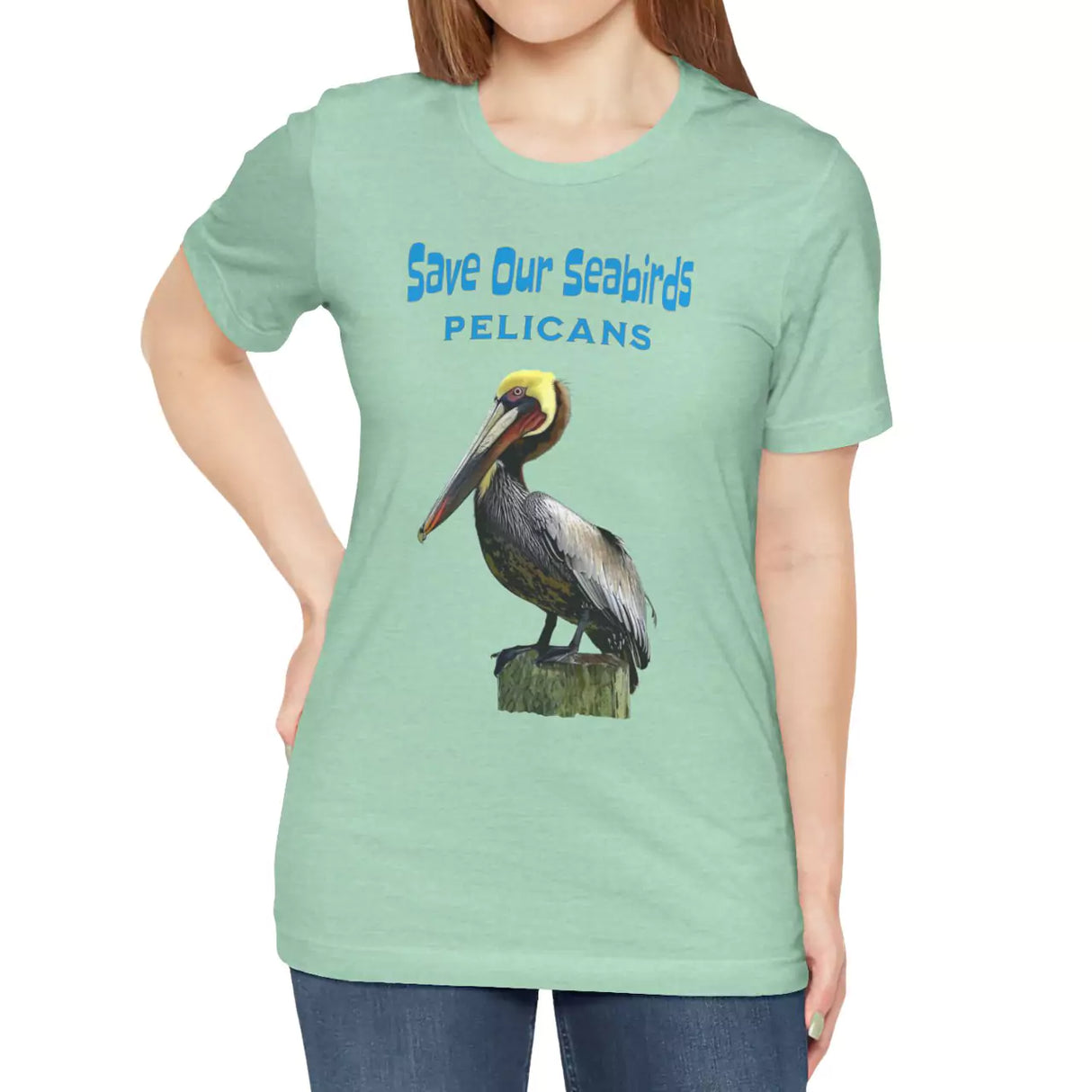 Heather mint Save Our Seabirds Pelicans t-shirt on model