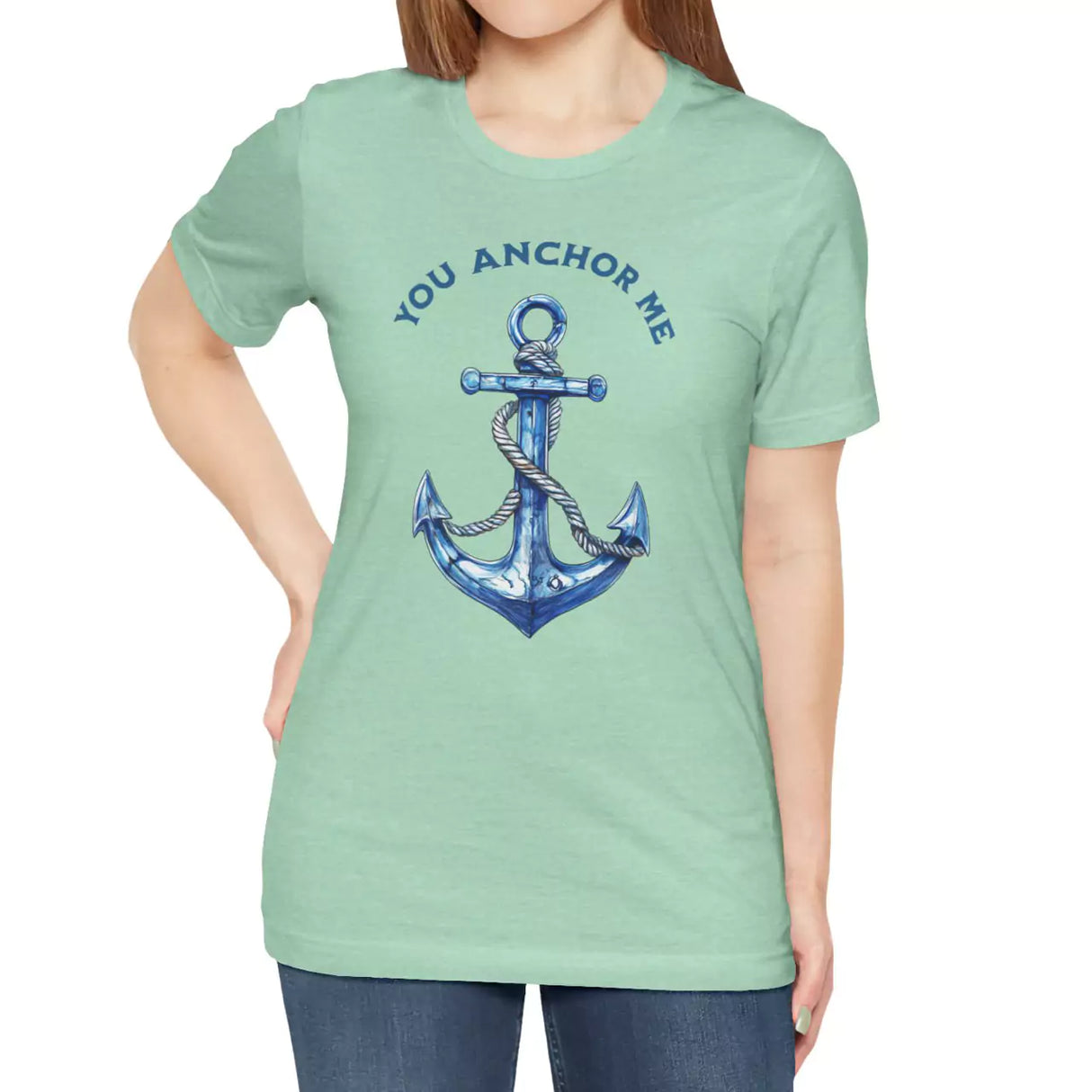 Female model wearing You Anchor Me t-shirt