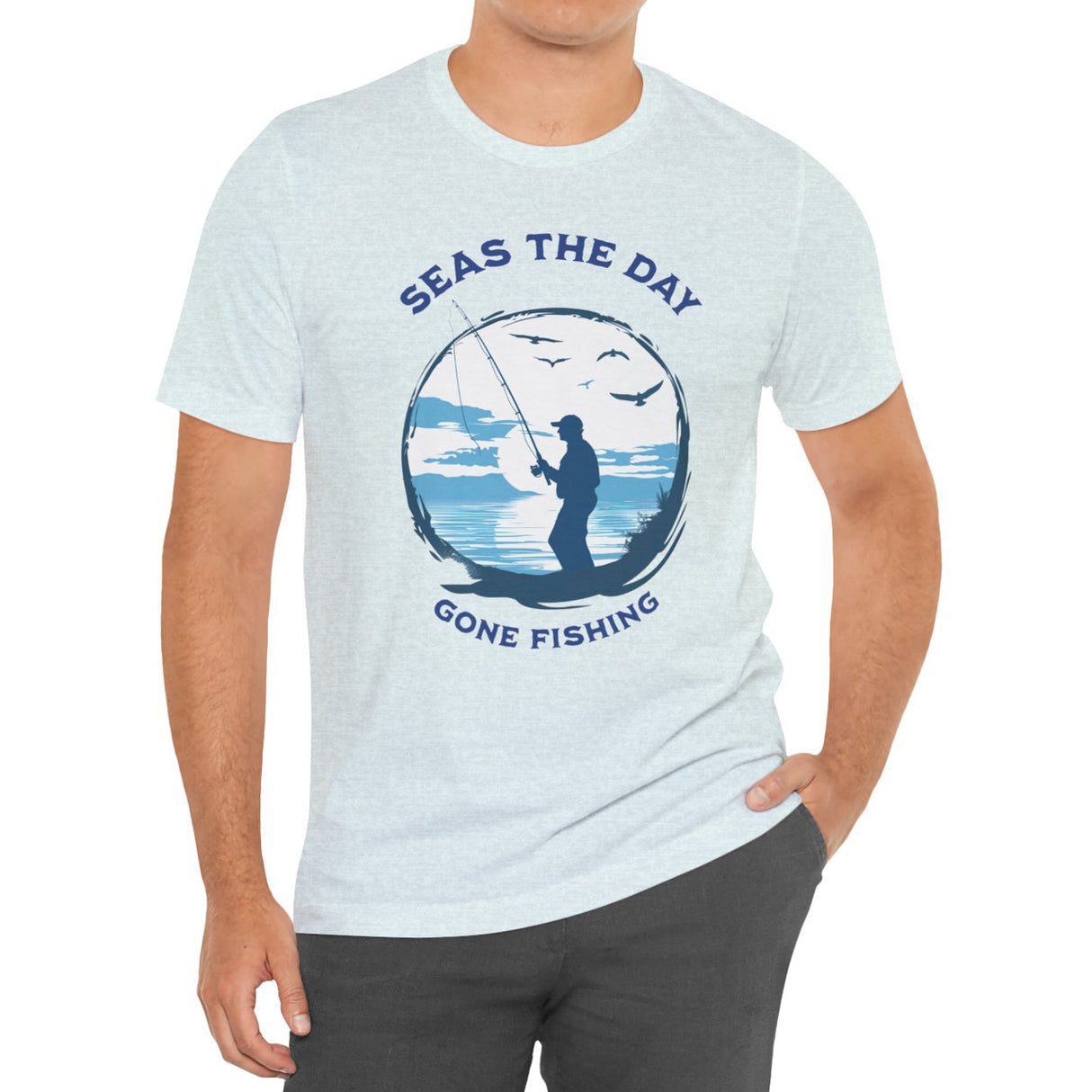 Ice blue Gone Fishing t-shirt on model