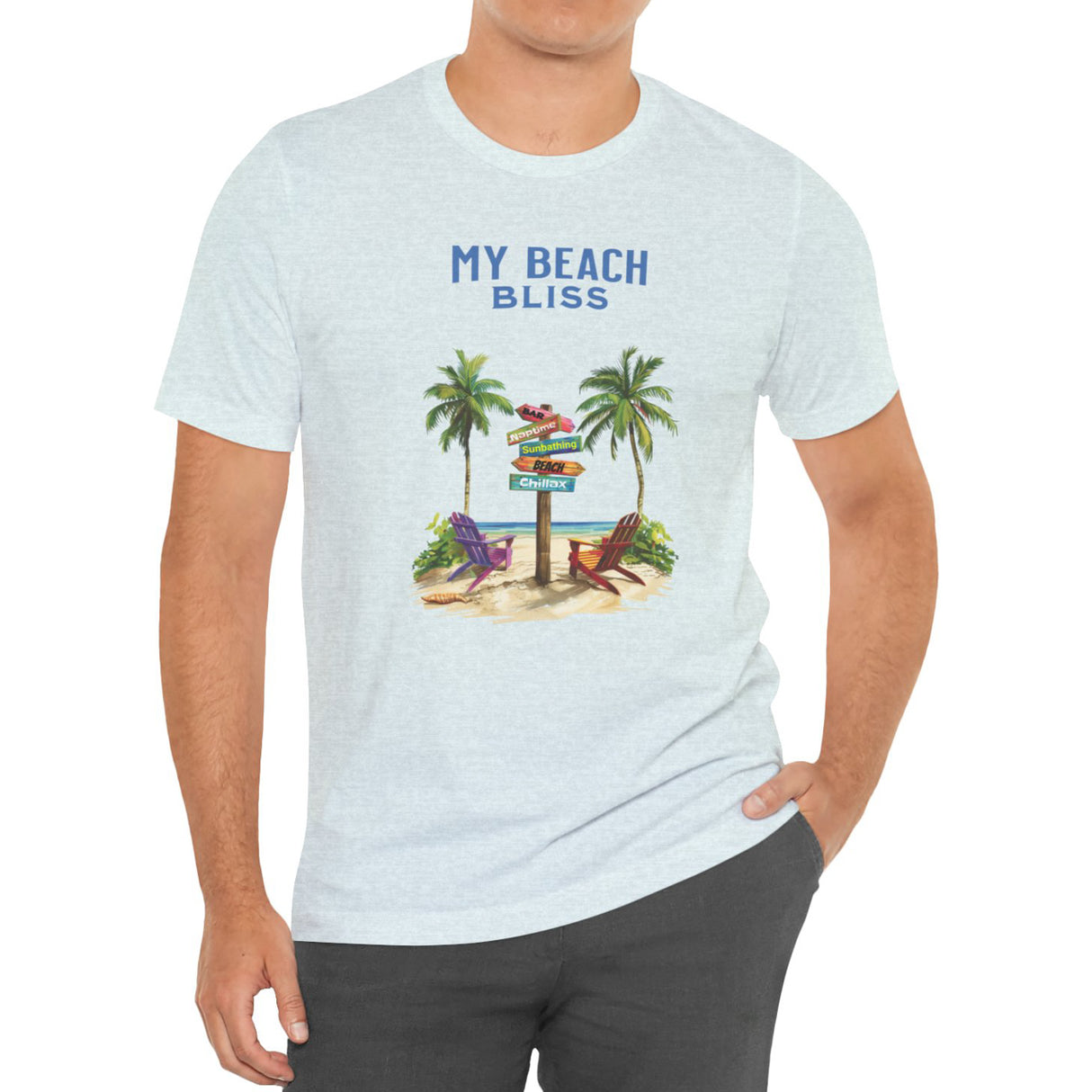 Heather ice blue My Beach Bliss Is Chillaxing t-shirt on model