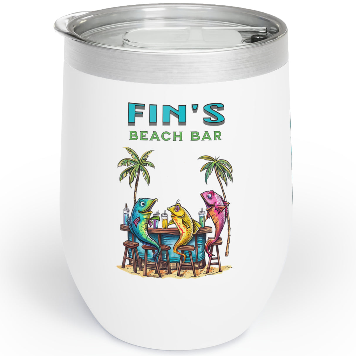 Left side Fin's Beach Bar Tales insulated tumbler