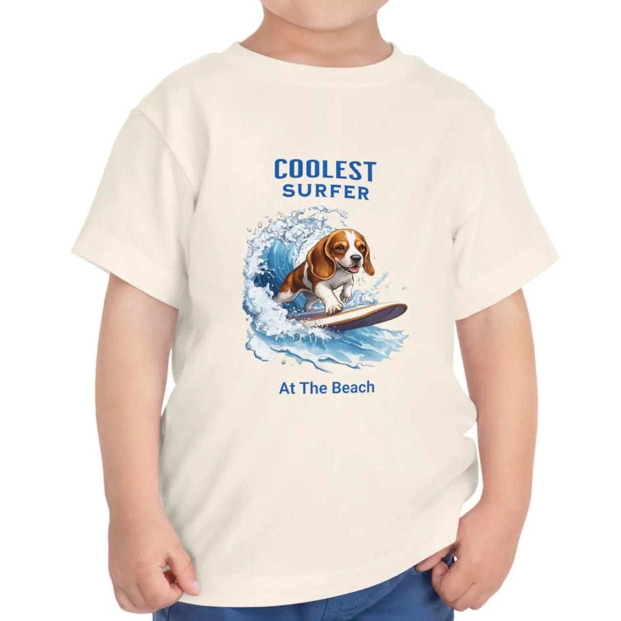 White Coolest Surfer At The Beach toddler t-shirt on model
