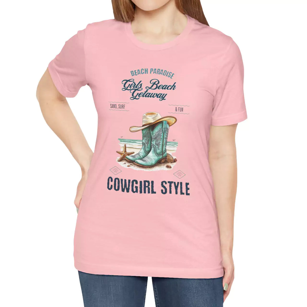 Female model wearing Beach Paradise Cowgirl Style t-shirt in pink