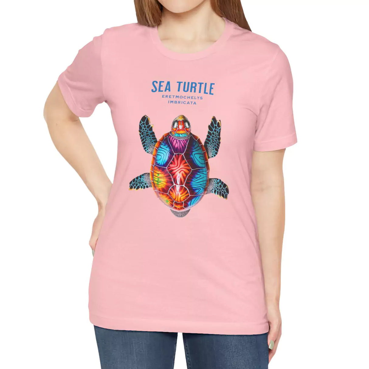 Female model wearing Colorful Sea Turtle t-shirt