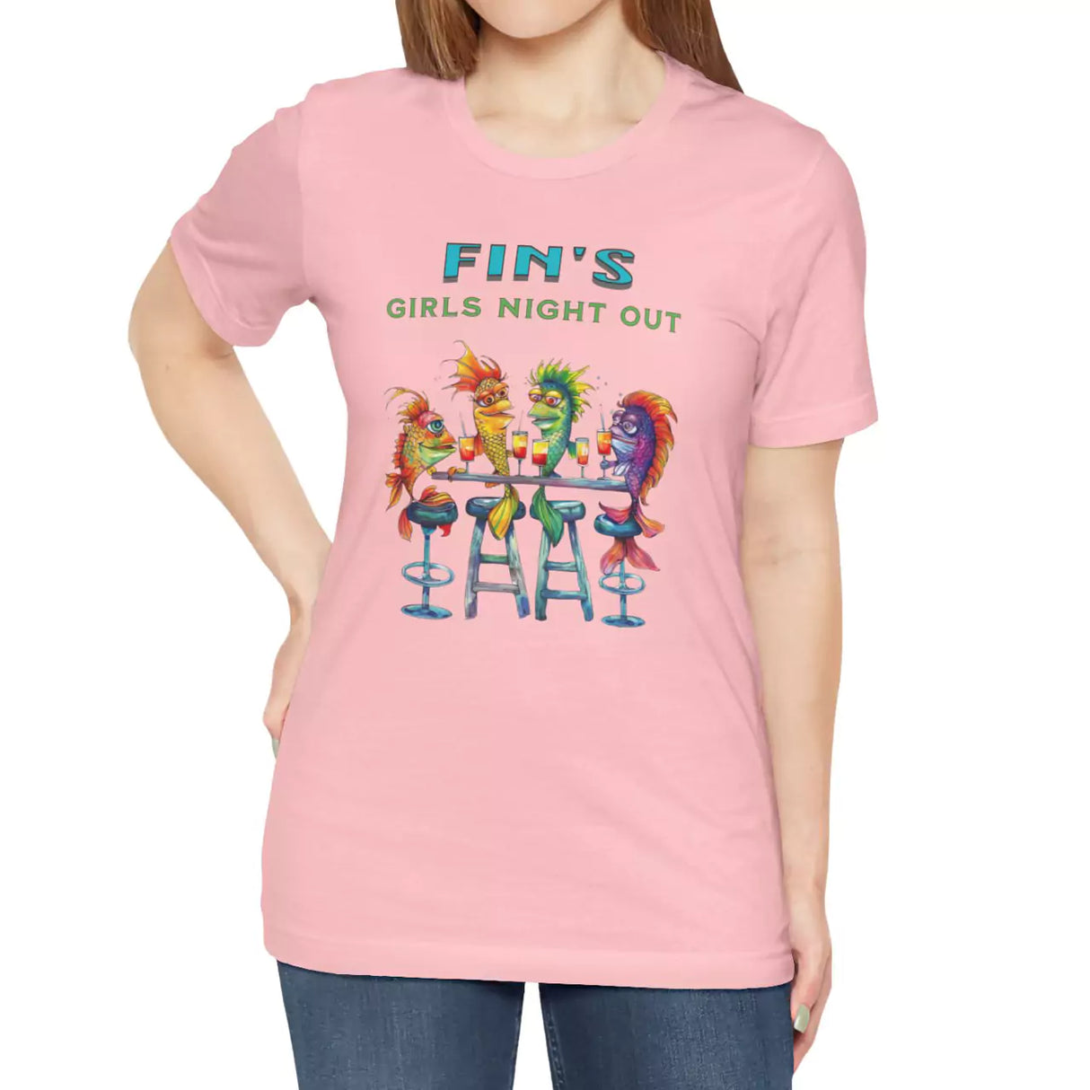 Model wearingl Girls Night Out At Fin's t-shirt pink