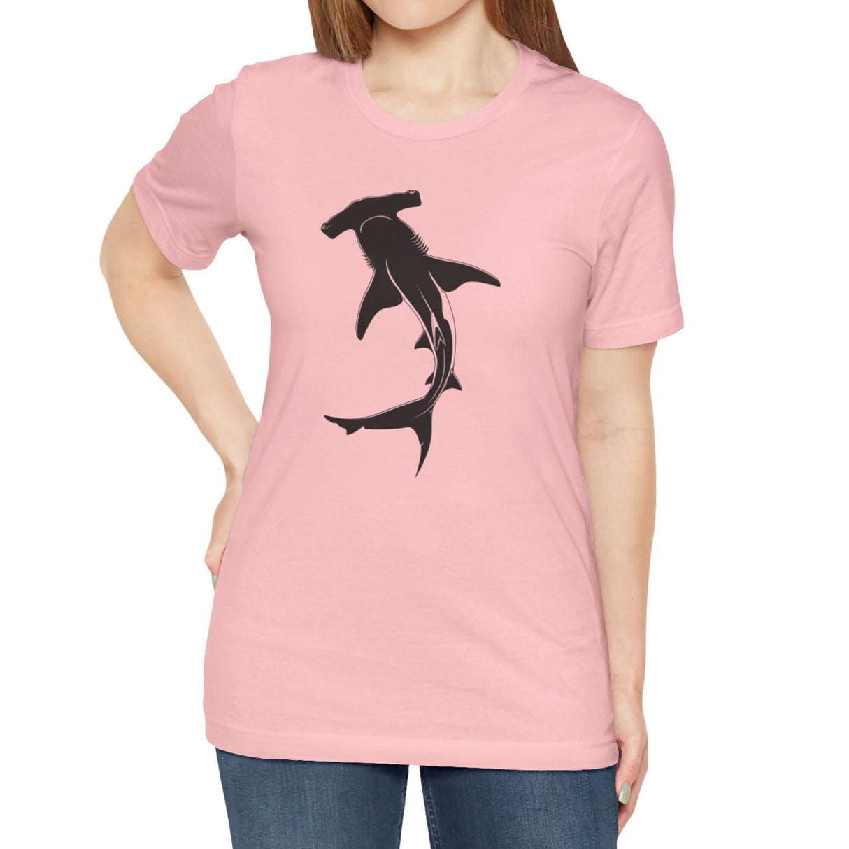 Female model wearing Hammerhead Shark Silhouette t-shirt