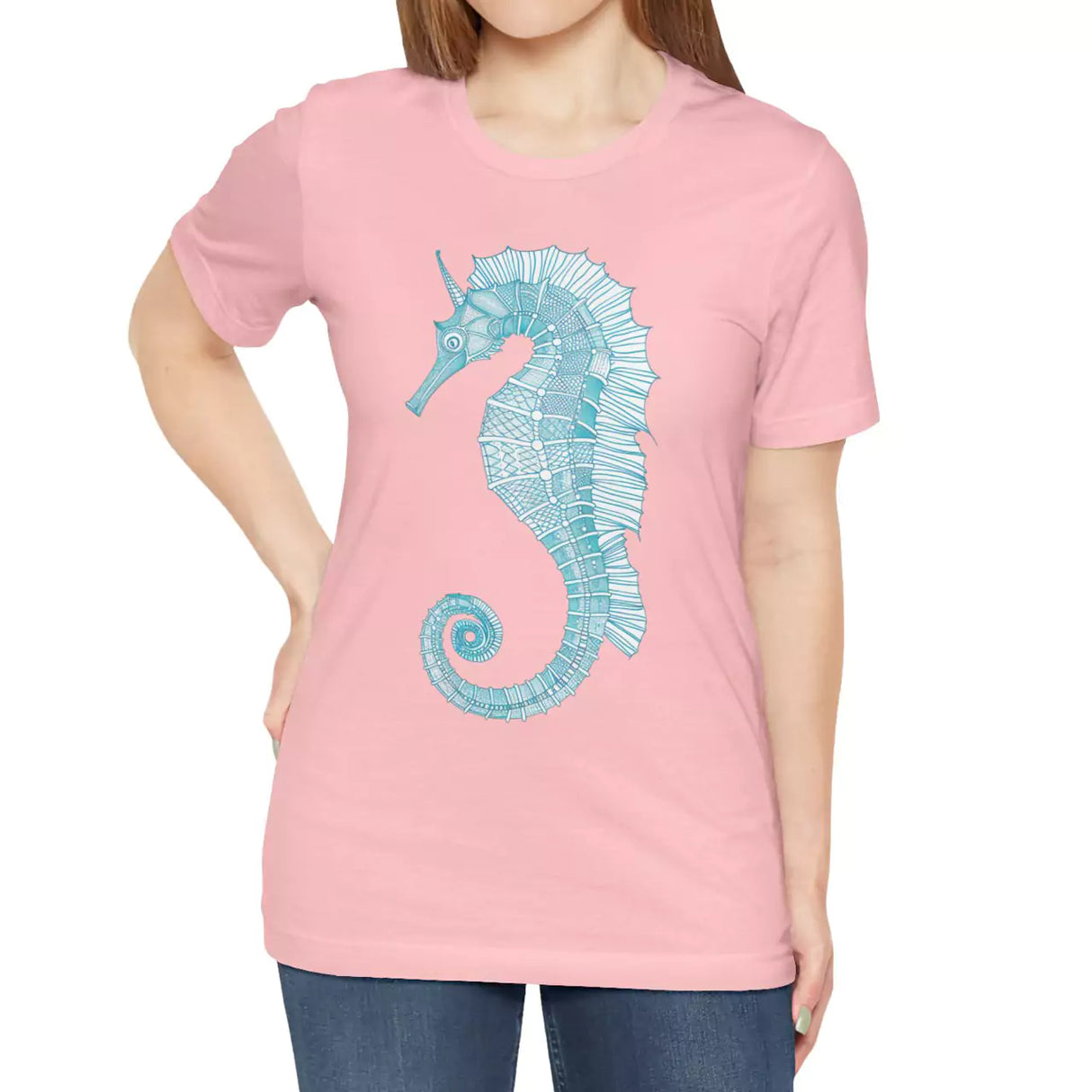 Female model wearing Intricate Seahorse t-shirt