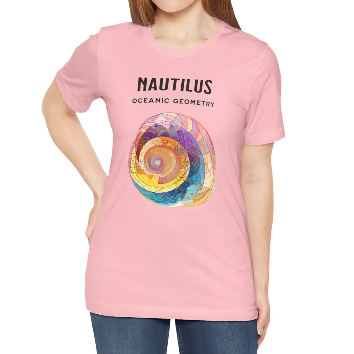 Female model wearing Nautilus Oceanic Geometry t-shirt