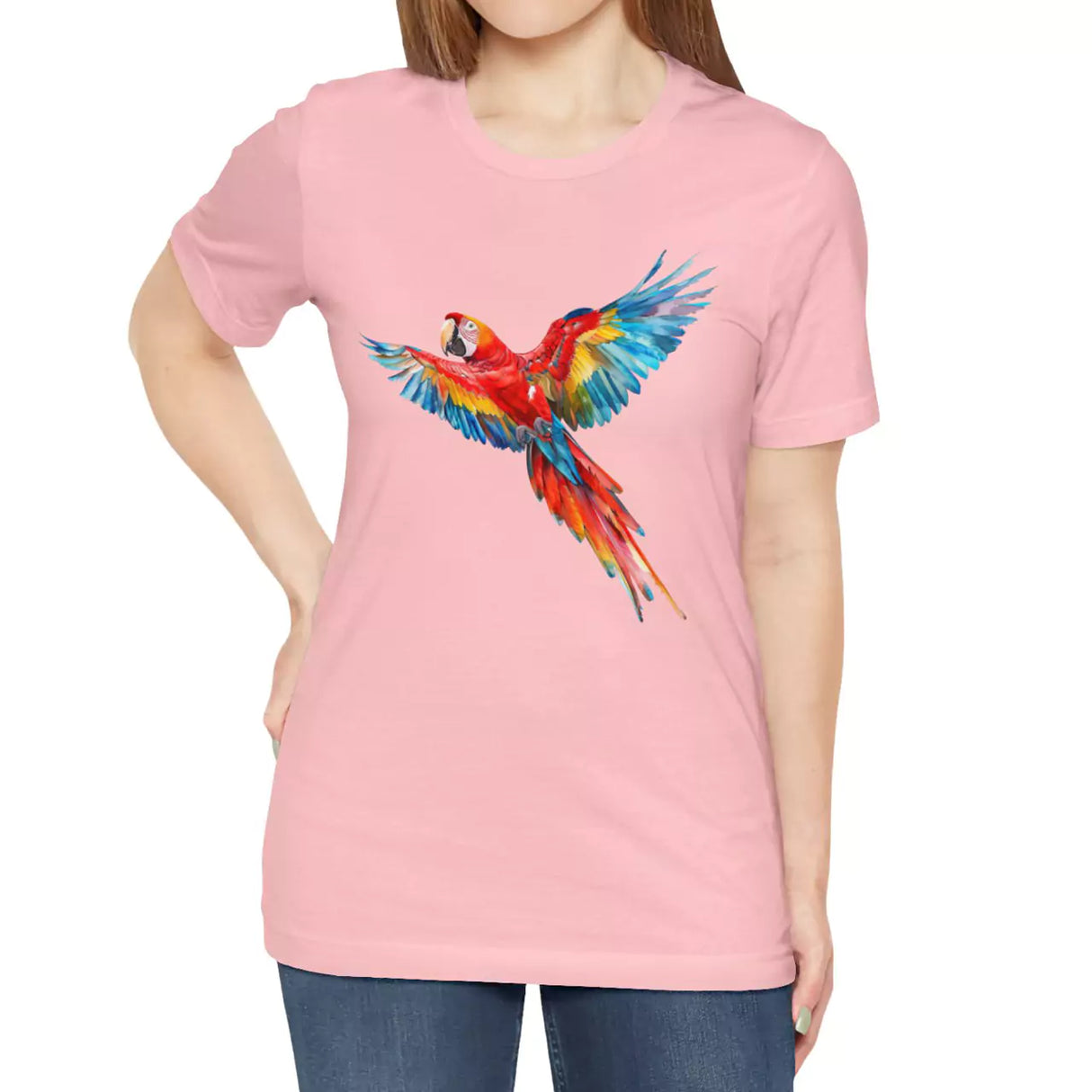 Female model wearing Scarlet Macaw Parrot t-shirt