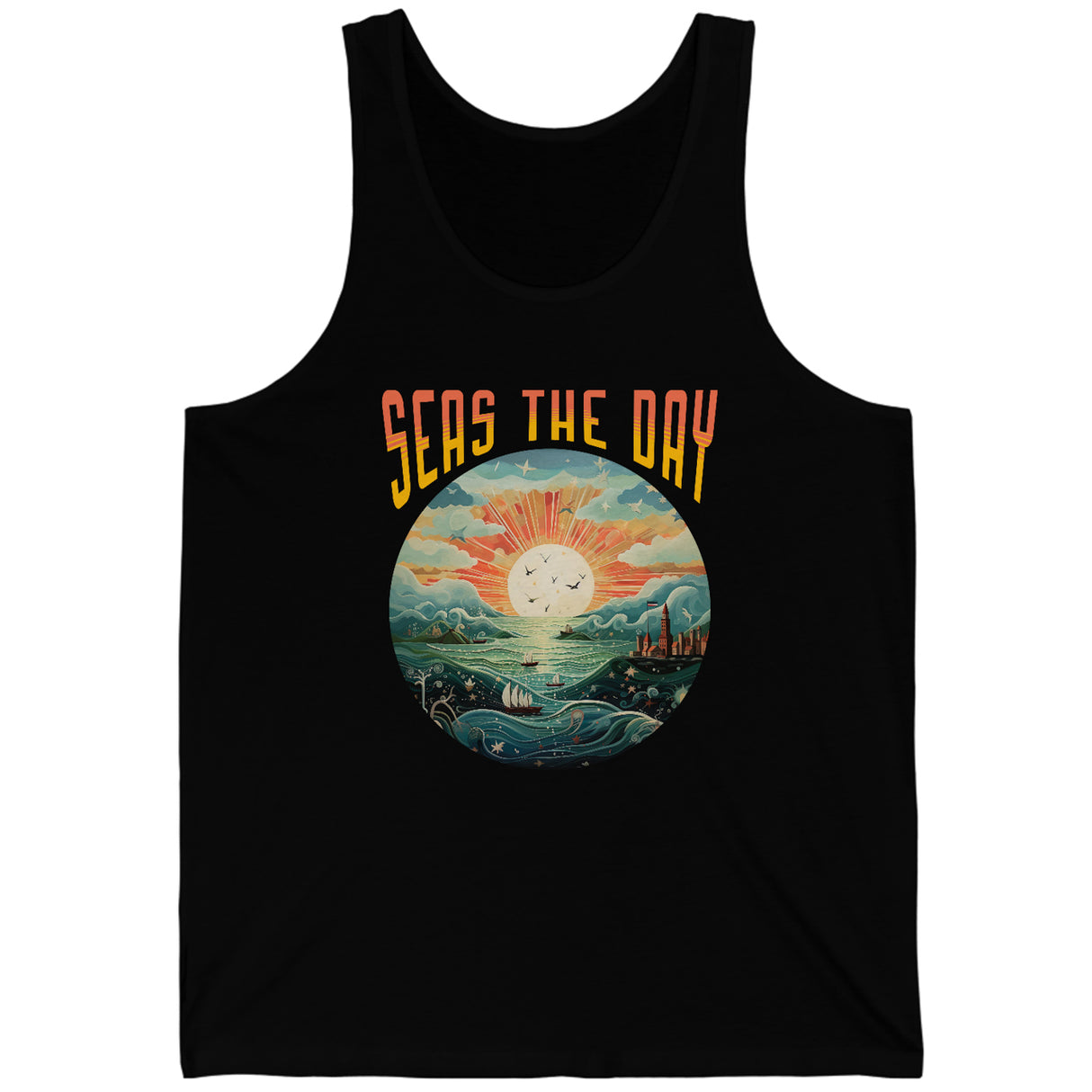 Seas The Day Beach Theme Tank Top In Black