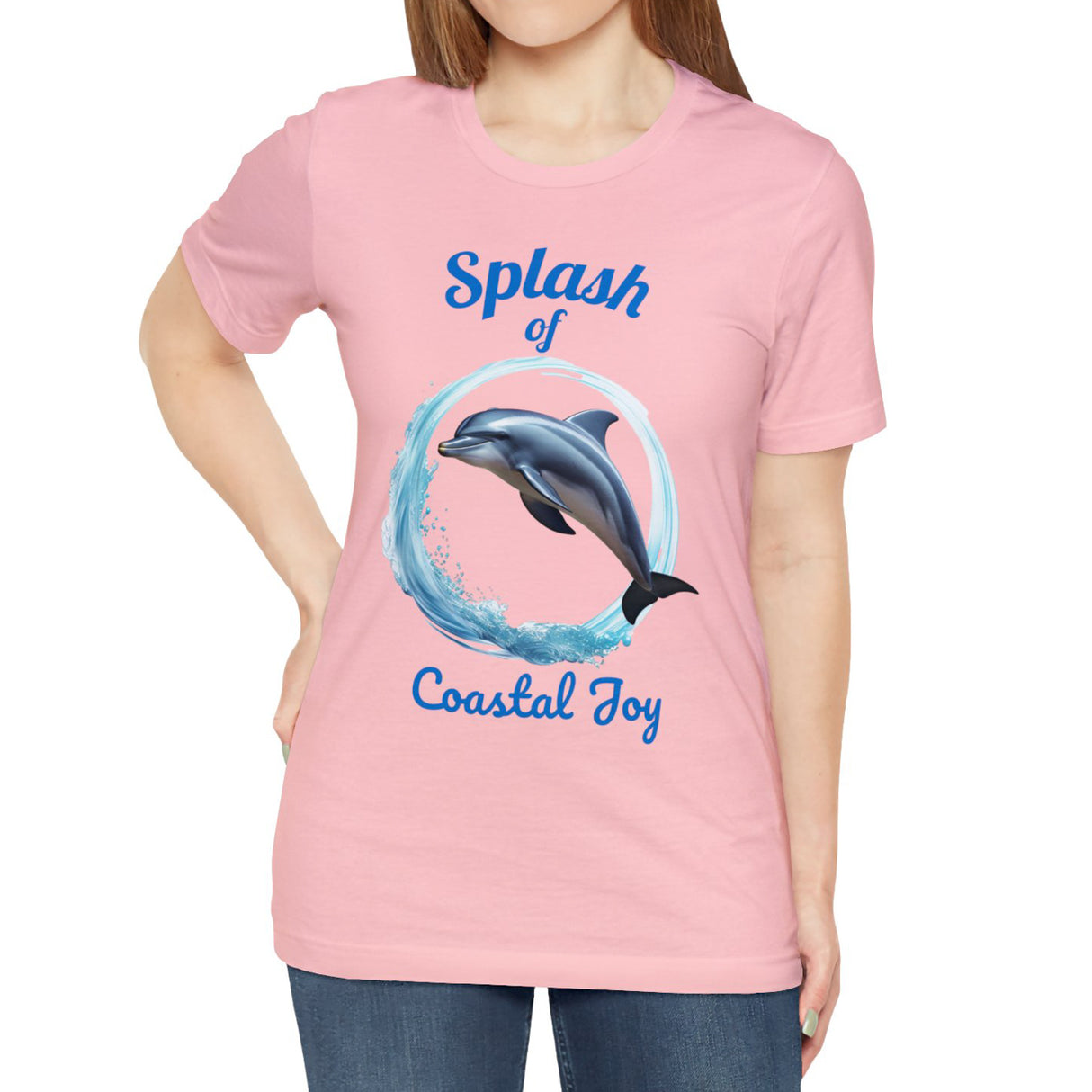 Splash of Coastal Joy dolphin t-shirt model in pink