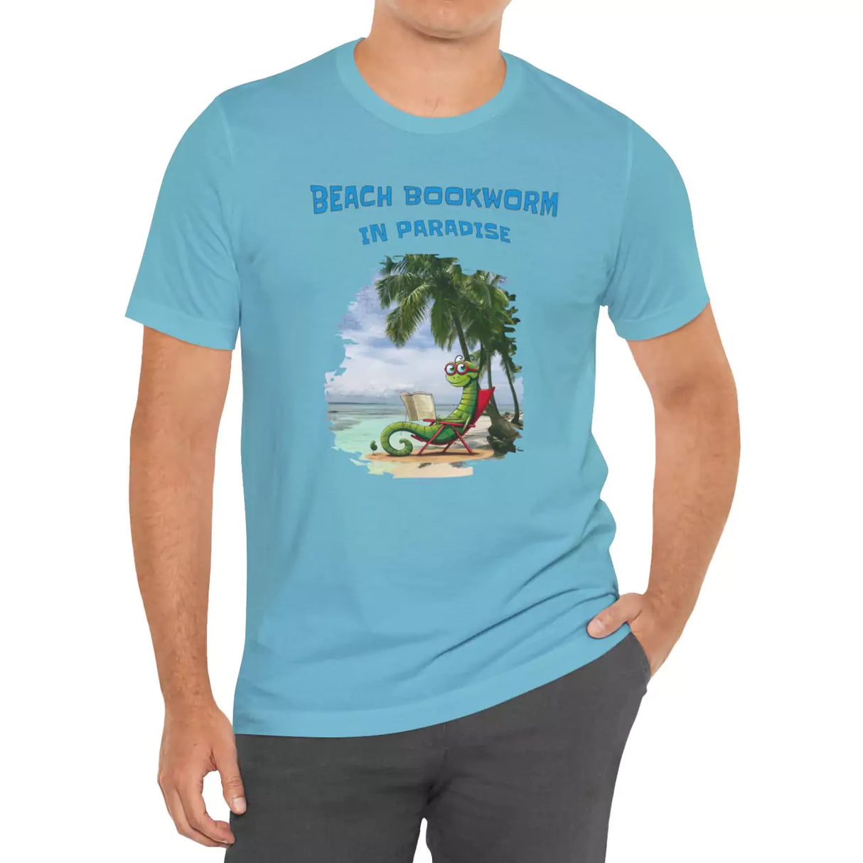 Model wearing turquoise Beach Bookworm t-shirt