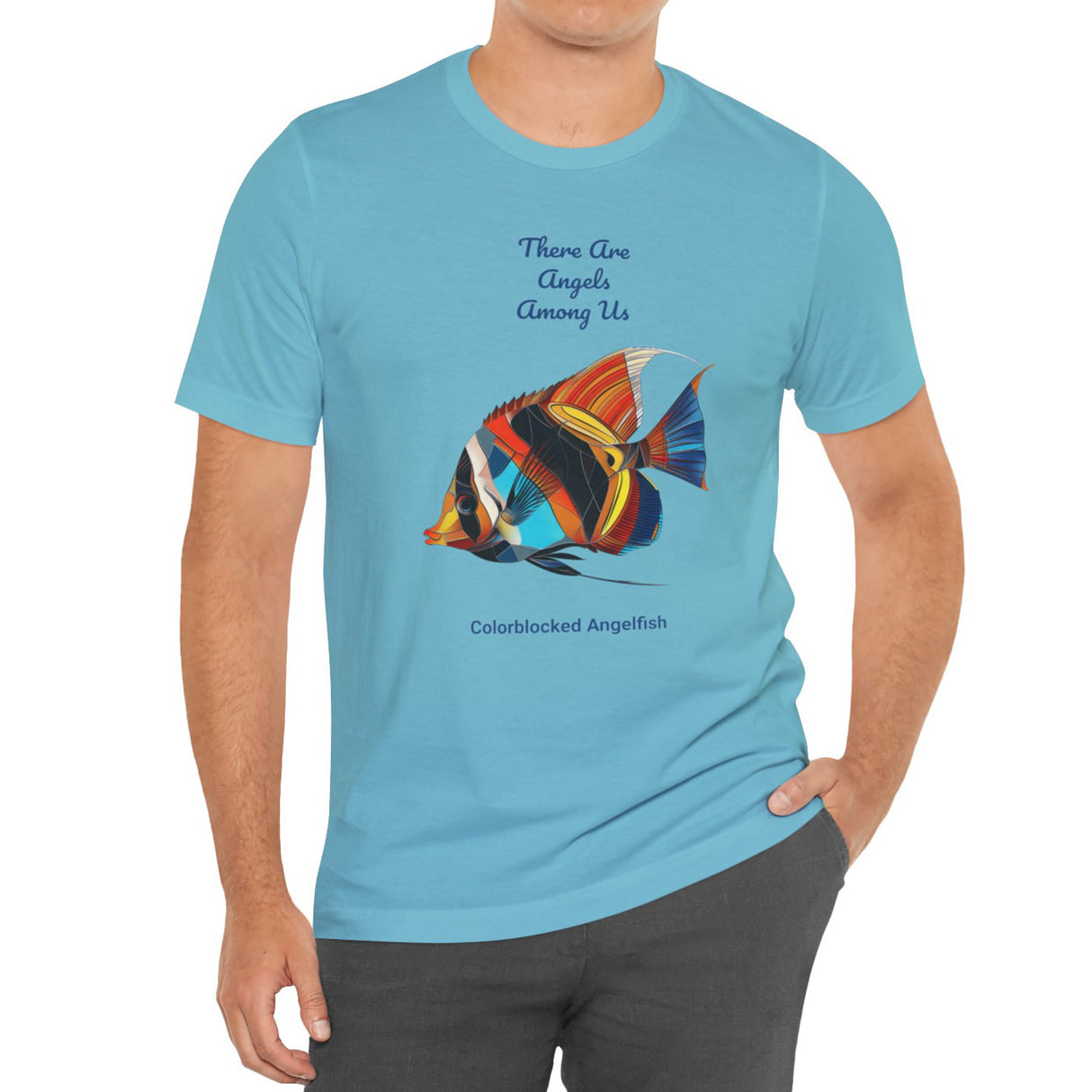 Model wearing turquoise Colorblocked Angelfish t-shirt
