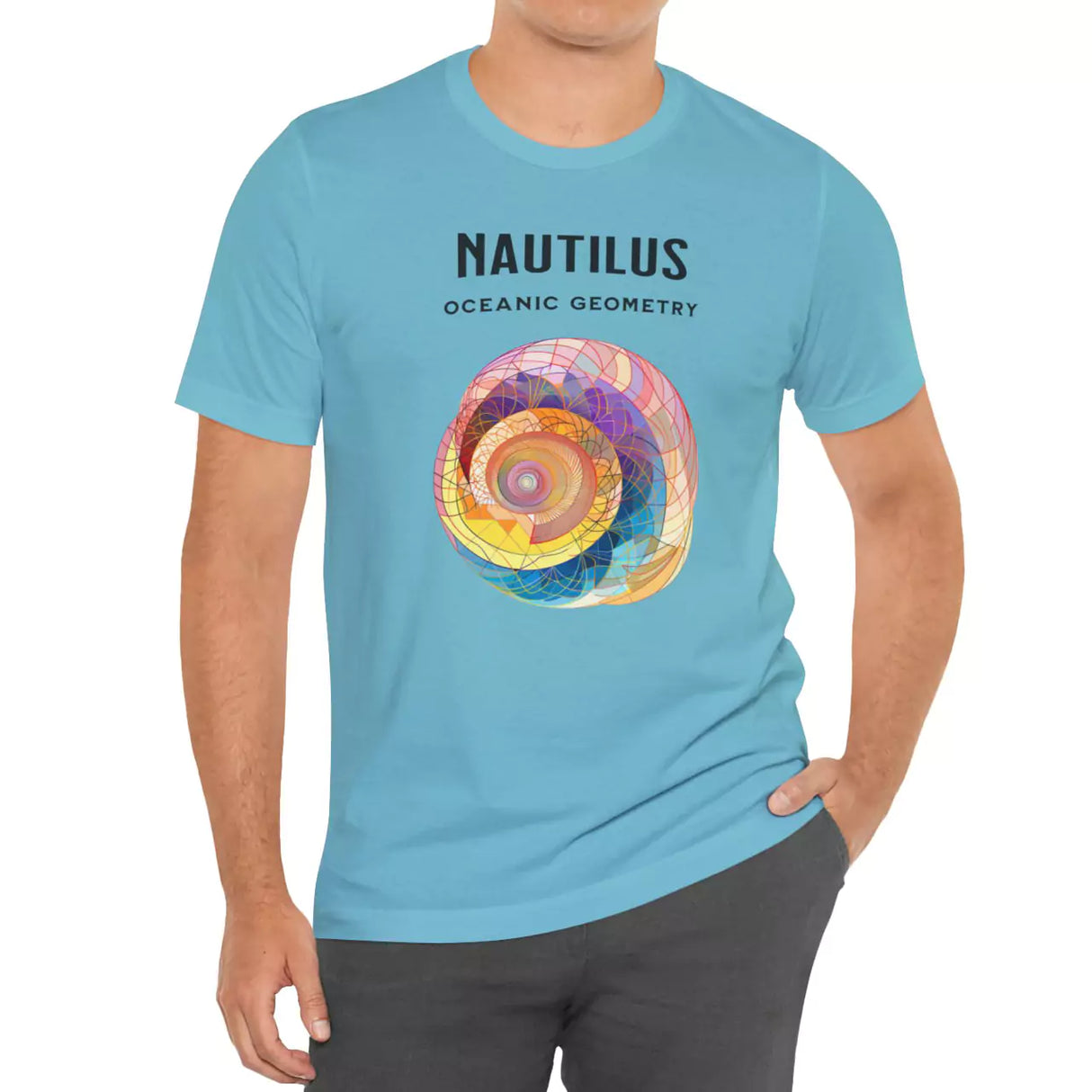Male model wearing Nautilus Oceanic Geometry t-shirt