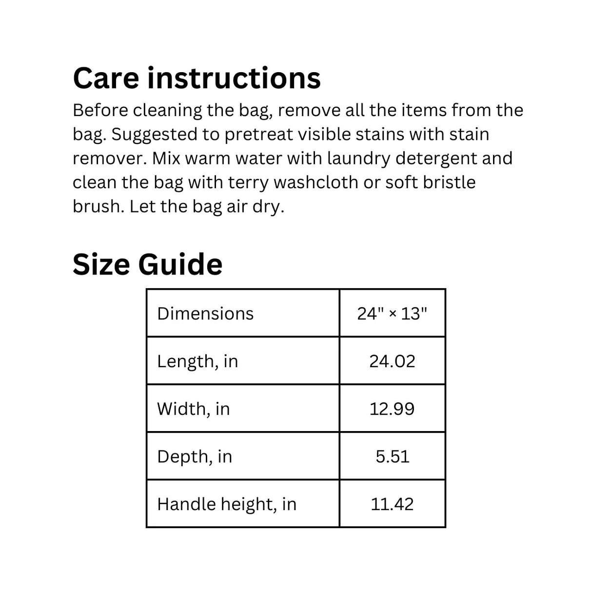 Care and size guide for Lazy Days weekender bag